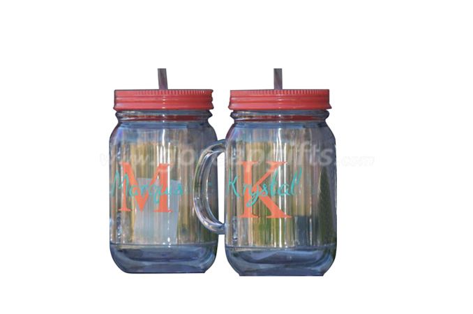 BPA FREE 20OZ DOUBLE WALL PLASTIC MASON JAR WITH LID AND HANDLE 