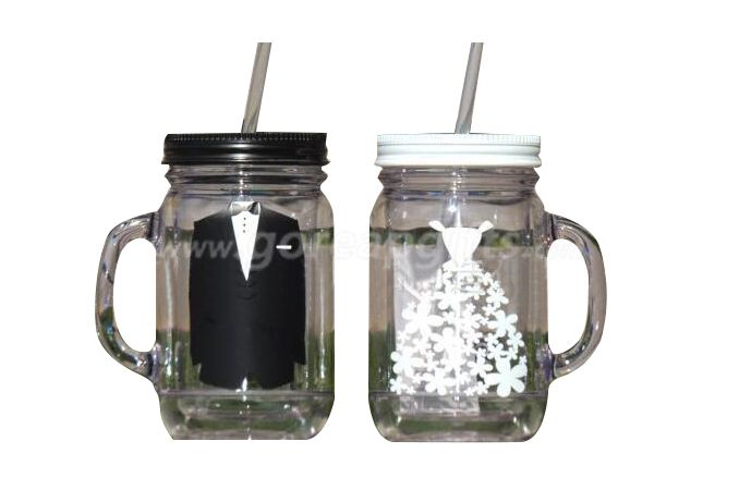 Manufacturer 16OZ  double wall glass  mason Jar with straw and lids