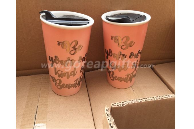 16OZ Double wall ceramic traveling mug Coffee Mug With Lids,ceramic coffee cup with plastic lid