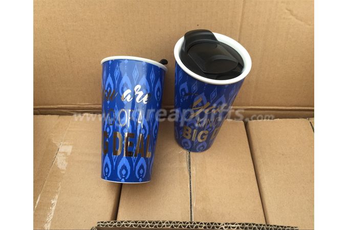 16OZ Double wall ceramic traveling mug Coffee Mug With Lids,ceramic coffee cup with plastic lid real gold decal 