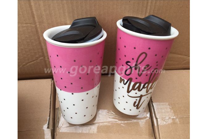 16OZ Double wall ceramic traveling mug Coffee Mug With Lids,ceramic coffee cup with plastic lid