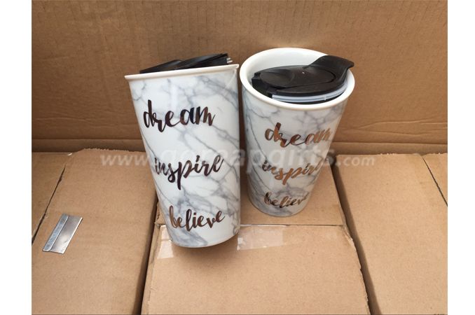 16OZ Double wall ceramic traveling mug Coffee Mug With Lids,ceramic coffee cup with plastic lid