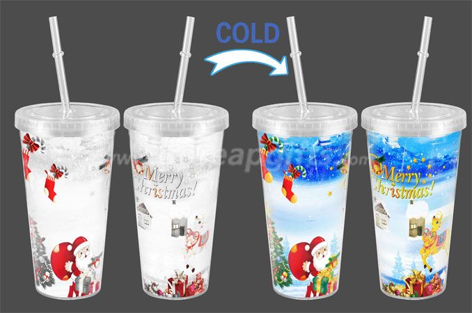 Christmas Double wall personalized cold  color changing plastic tumbler with lid and straw