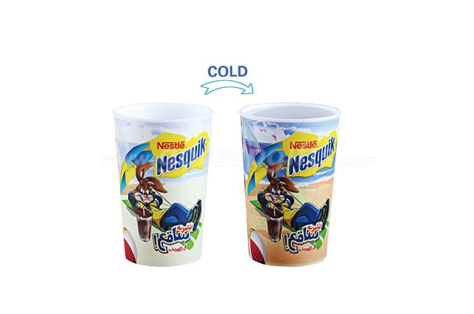 Single wall Nesquick brand cold  color changing plastic cup with lid and straw