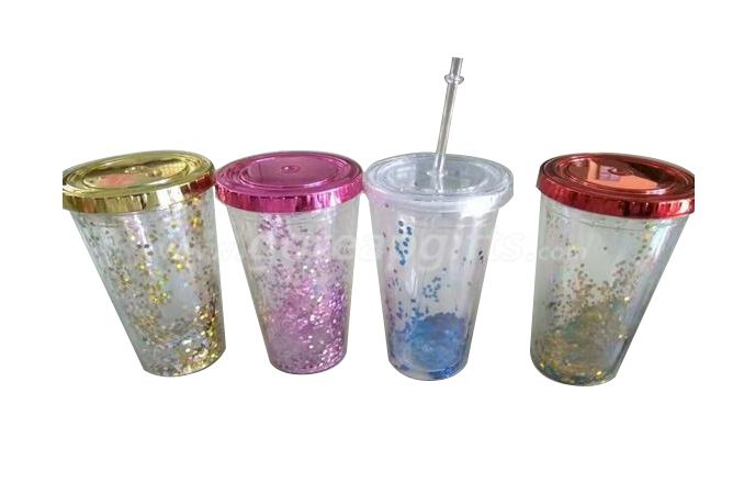 Customized 450ml double wall plastic starbucks gold glitter insulated tumbler with straw Wholesale