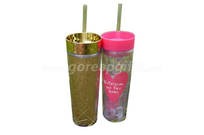 New style promotional 350ml  glitter insert double wall plastic water bottle  with straws