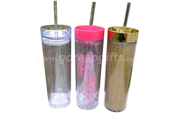 New style promotional 350ml  glitter insert double wall plastic water bottle  with straw