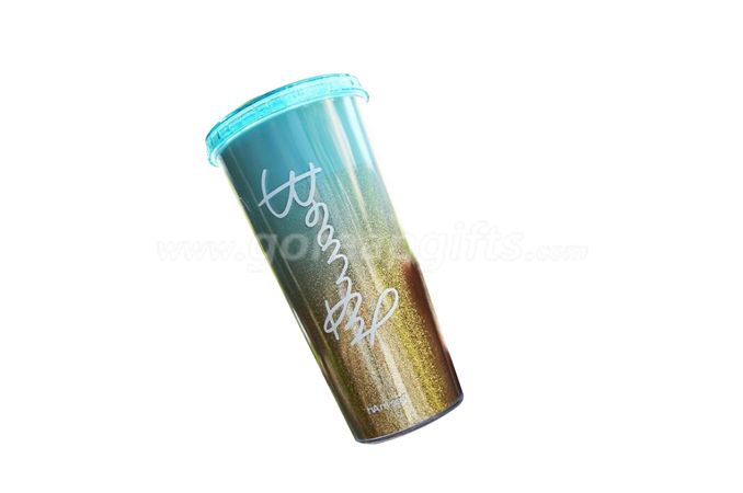 New style attractive promotional 24oz glitter insert double wall plastic tumbler with straw