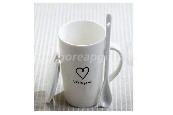 14oz Cereamic coffee mug with lid and spoon 