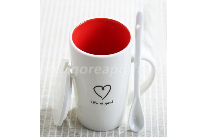 14OZ color glazed ceramic mug with lid and spoon 
