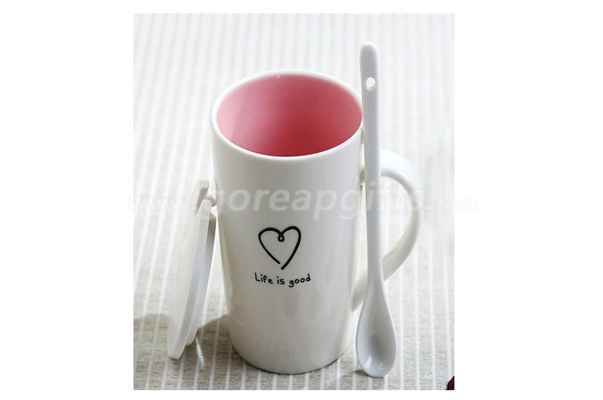 14oz pink glazed Cereamic coffee mug with lid and spoon 