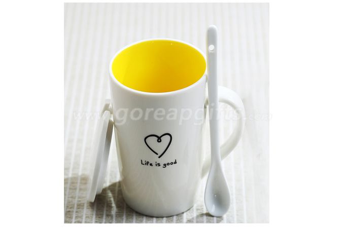 14oz yellow glazed  Cereamic coffee mug with lid and spoon