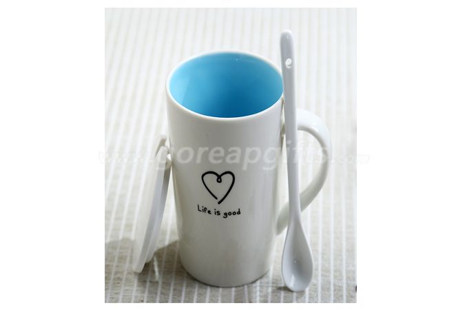 14OZ blue  glazed ceramic coffee mug with lid and spoon 