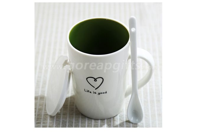 14OZ black glazed ceramic coffee mug with lid and spoon 