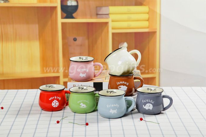 Ceramic enamel mug imitation of metal enamel mug with black rim customized logo