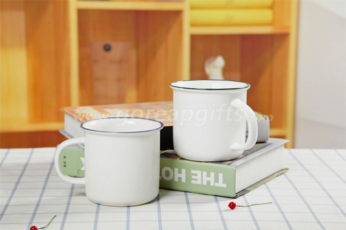 White Ceramic enamel mug imitation of metal enamel mug with blue rim customized logo