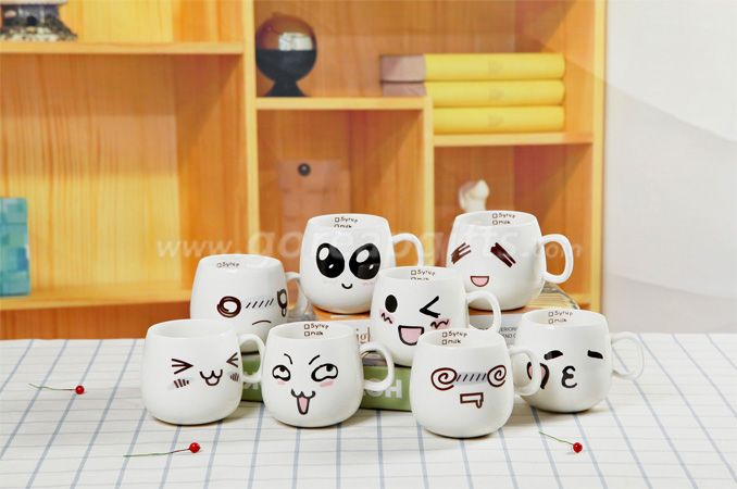 Personality ceramic cute expression mug 300ml customized milk coffee cup with lid and spoon for gift