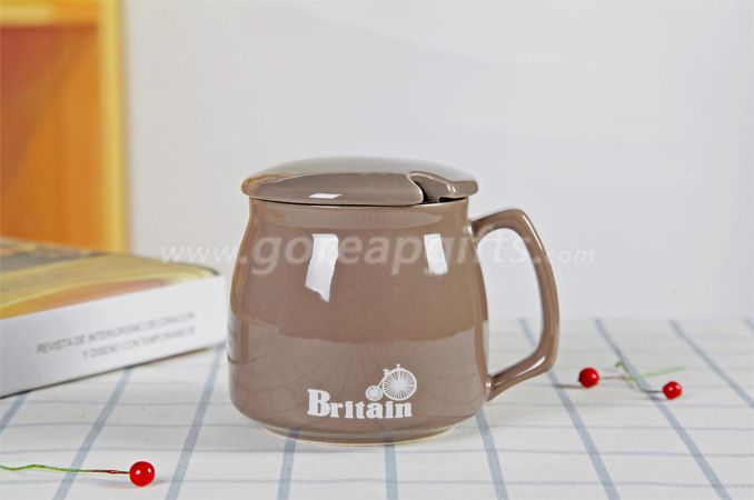 Brown high quality promotional imitation enamel 9oz cereamic mug with ceramic lid 