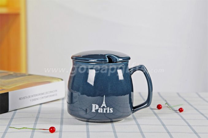 Bule high quality promotional imitation enamel 9oz cereamic mug with ceramic lid 