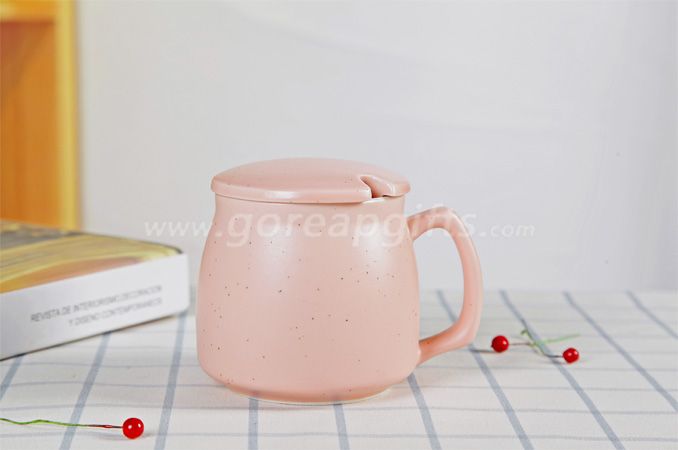 Pink  high quality promotional imitation enamel 9oz cereamic mug with ceramic lid 