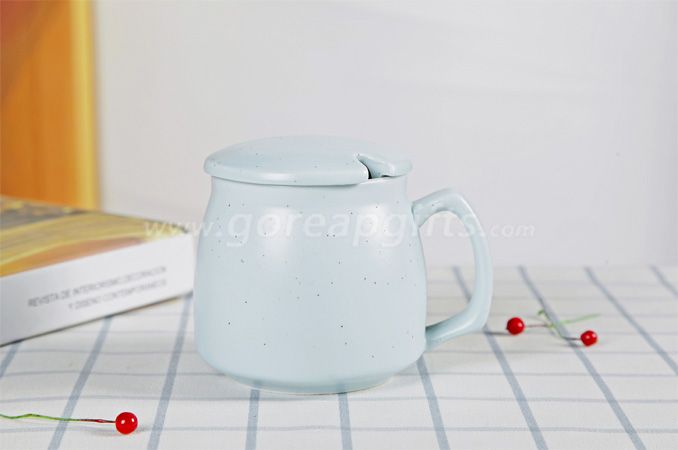 Light blue high quality promotional imitation enamel 9oz cereamic mug with ceramic lid 
