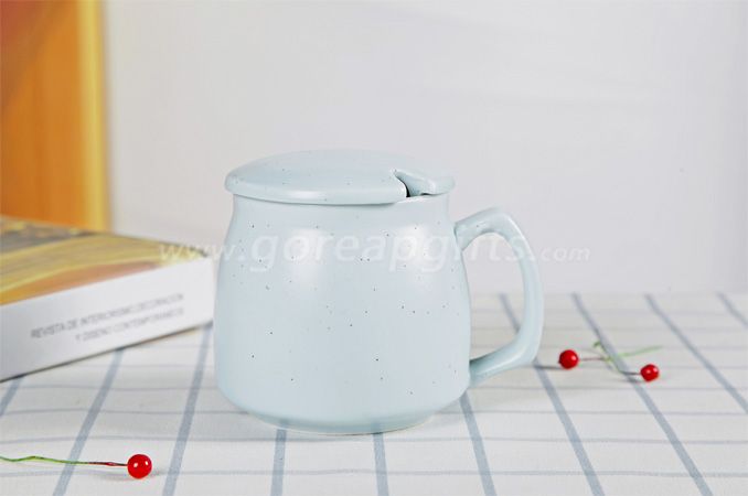 Light blue high quality promotional imitation enamel 9oz cereamic mug with ceramic lid 