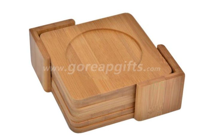 Wholesale Natural Bamboo Coaster Set With 5 Coasters and Custom Holder