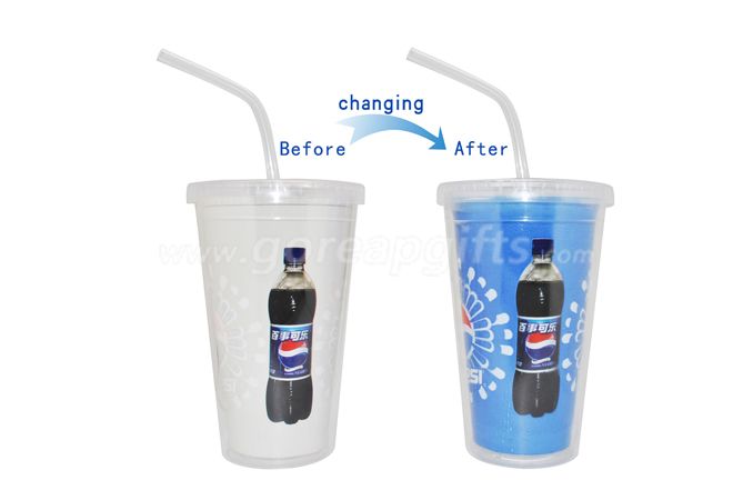 Double wall personalized cold  color changing plastic tumbler with lid and straw